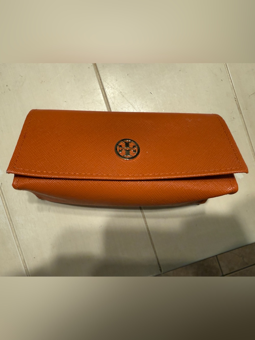 Tory Burch Orange Saffiano sunglasses case with Logo